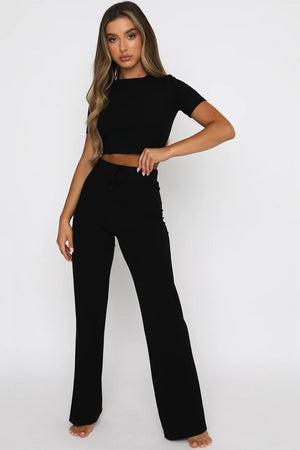 Black ribbed crop top and wide leg pants set with drawstring waist