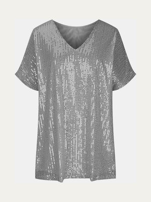 Silver sequin slouchy v-neck blouse with short sleeves