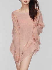 Ripped knit oversized beach pullover in watermelon pink with boat neck and distressed details.