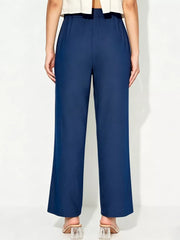 Blue maternity pants with relaxed wide legs and tied detail waist