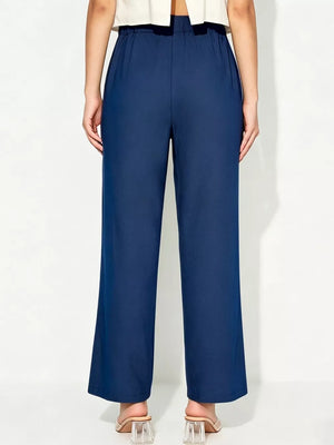 Blue maternity pants with relaxed wide legs and tied detail waist