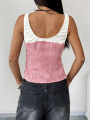 Deep Red gingham bustier top with white ruched neckline and tie detail.