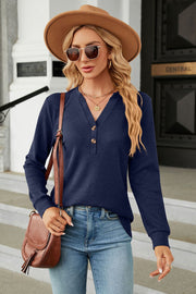 Dark Blue waffle knit long sleeve henley top with button detail