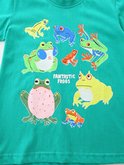 Green t-shirt with a playful frog print and "Fantastic Frogs" text.