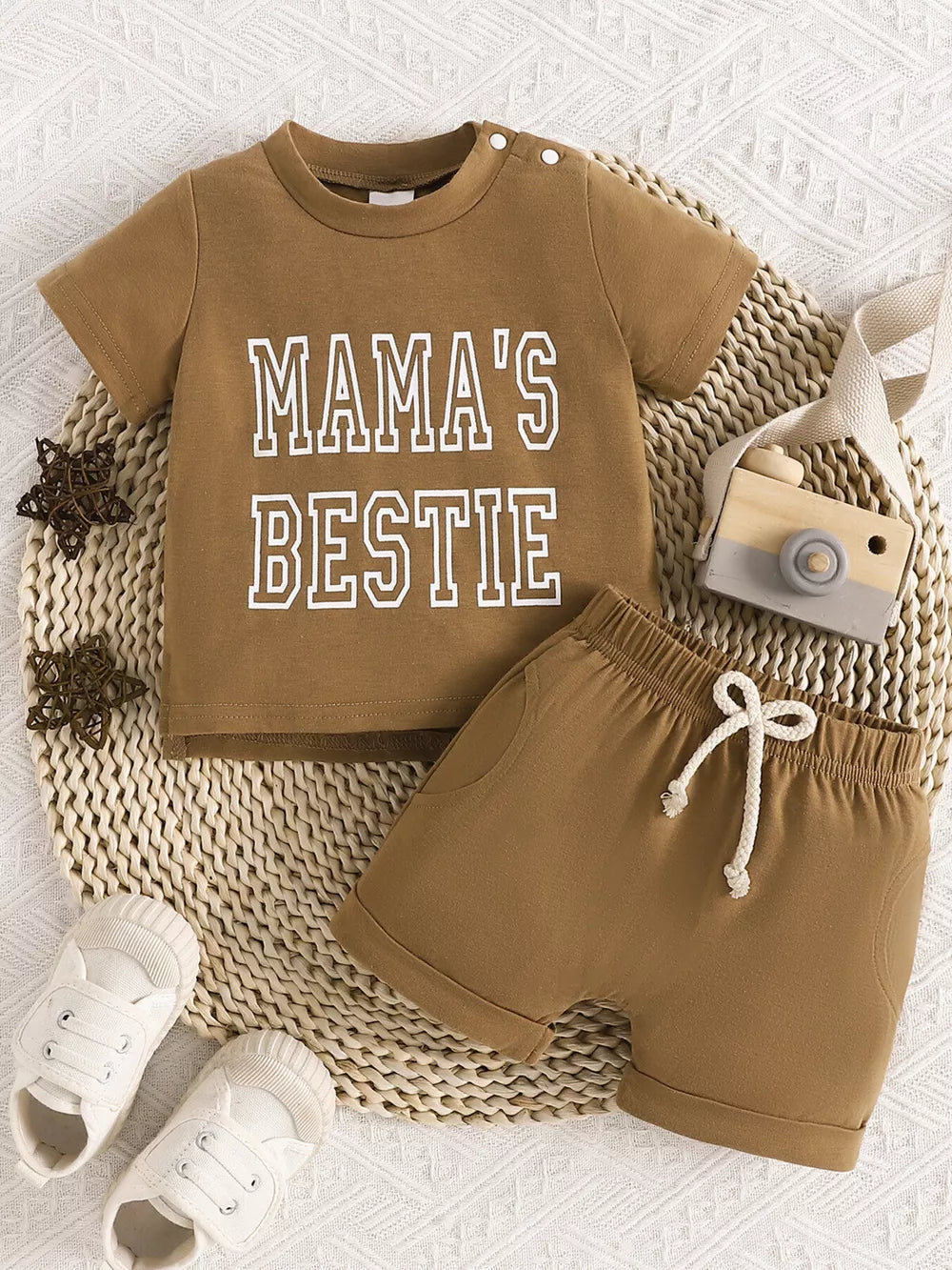 Children's Letter Round Neck Tee And Shorts Set in Light Green, front view