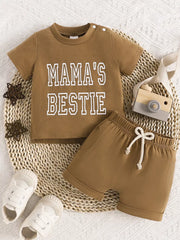 Children's Letter Round Neck Tee And Shorts Set in Light Green, front view
