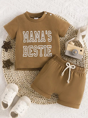 Children's Letter Round Neck Tee And Shorts Set in Light Green, front view
