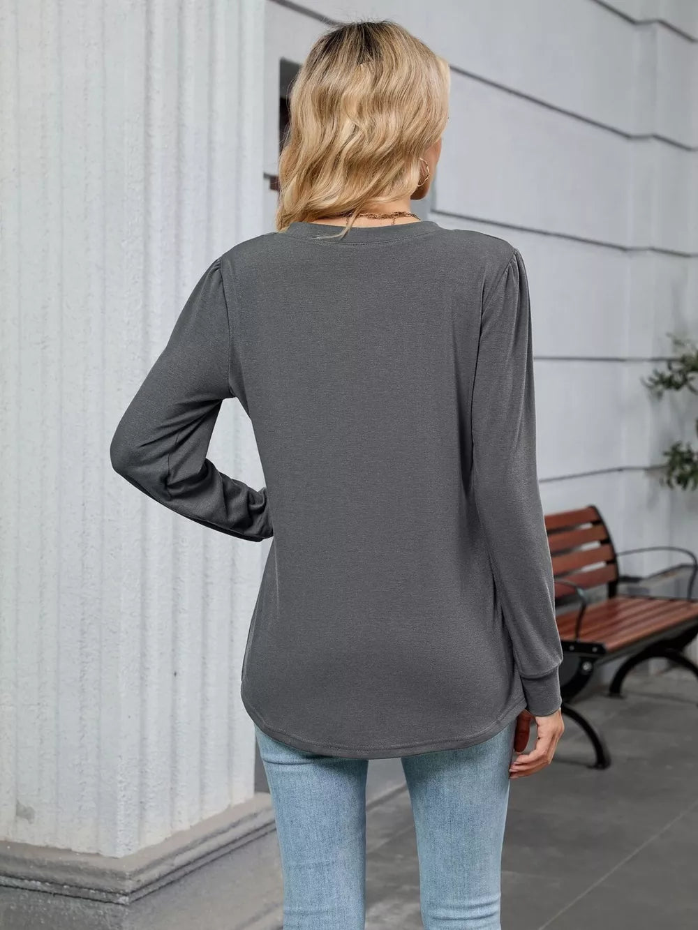 Dark gray V-neck long sleeve maternity t-shirt with gathered shoulder detail.