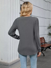 Dark gray V-neck long sleeve maternity t-shirt with gathered shoulder detail.