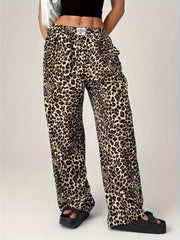 Leopard print palazzo lounge trousers with a relaxed fit and elastic waistband.