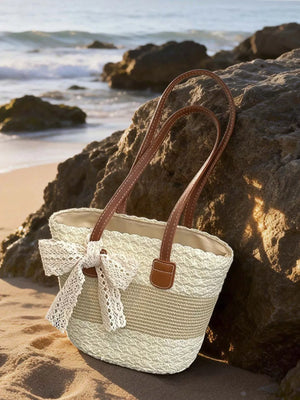 Lace Trimmed Straw Shoulder Bag in Cream White, close-up detail
