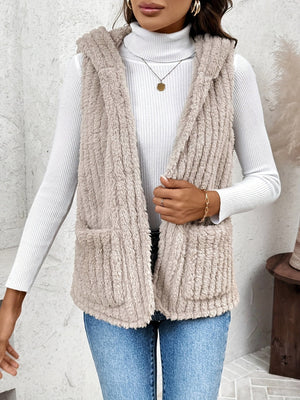 Textured teddy hooded vest in Dust Storm with two front pockets.