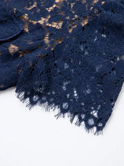 Navy lace midi dress detail with scalloped fringe hem.