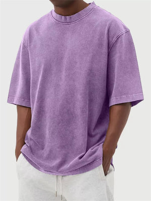 Men's purple vintage wash oversized cotton crew neck t-shirt with distressed details.