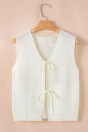 Beige knit tank top with V-neck and tie-front detail