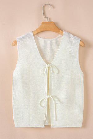 Beige knit tank top with V-neck and tie-front detail