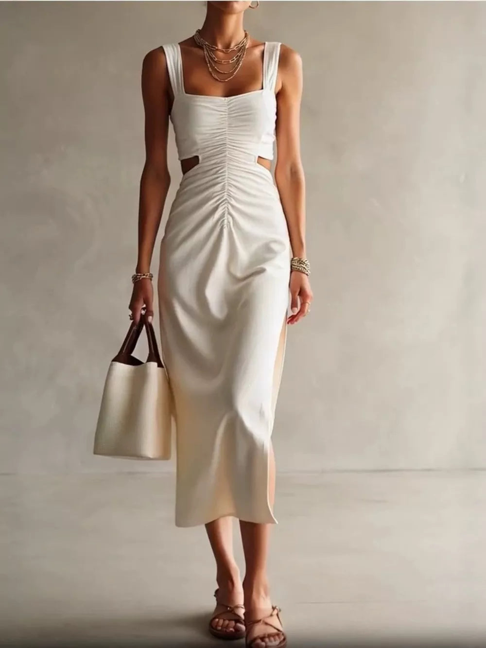 Ruched Cut-out Midi Dress in Khaki, front view