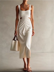 Ruched Cut-out Midi Dress in Khaki, front view