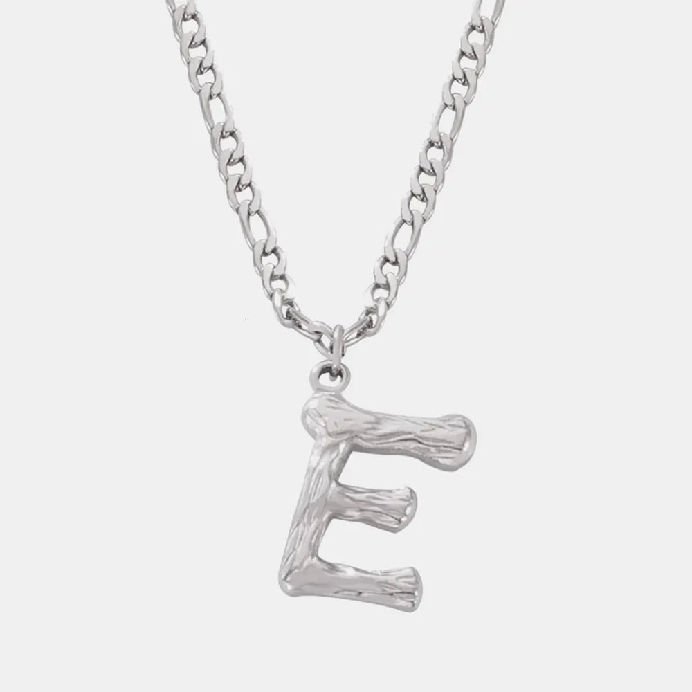 Textured initial pendant necklace with stainless steel curb chain, Style E