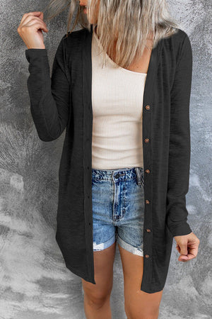 Black button-down maxi cardigan with long sleeves and a relaxed fit.