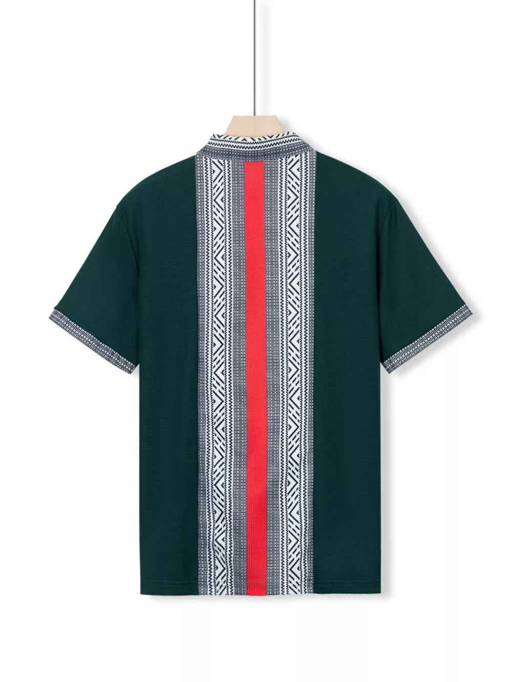 Dark green men's short sleeve shirt with bold geometric print panel and red stripe detail.