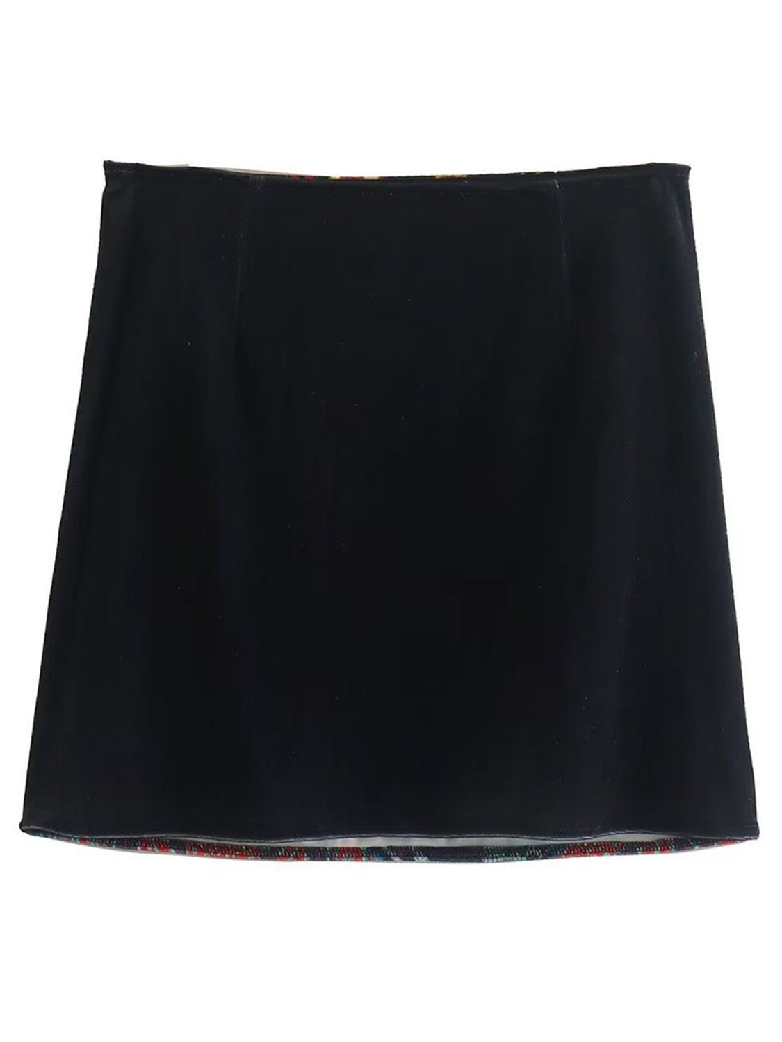 Black velvet mini skirt with embroidered patchwork trim