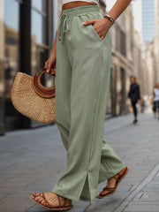 Sage linen blend drawstring palazzo trousers with side slits and pockets