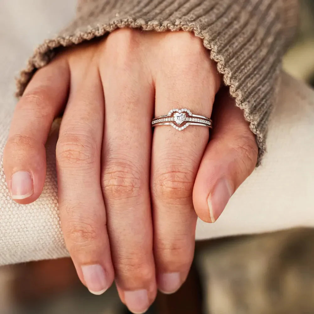 Silver double heart halo ring set with pave stones