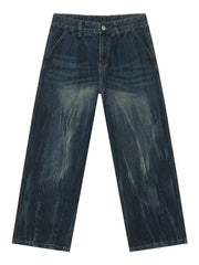 Dark wash denim pleated wide-leg trousers with distressed detailing and a casual fit.