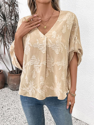 Textured floral v-neck blouson top in tan with blouson sleeves