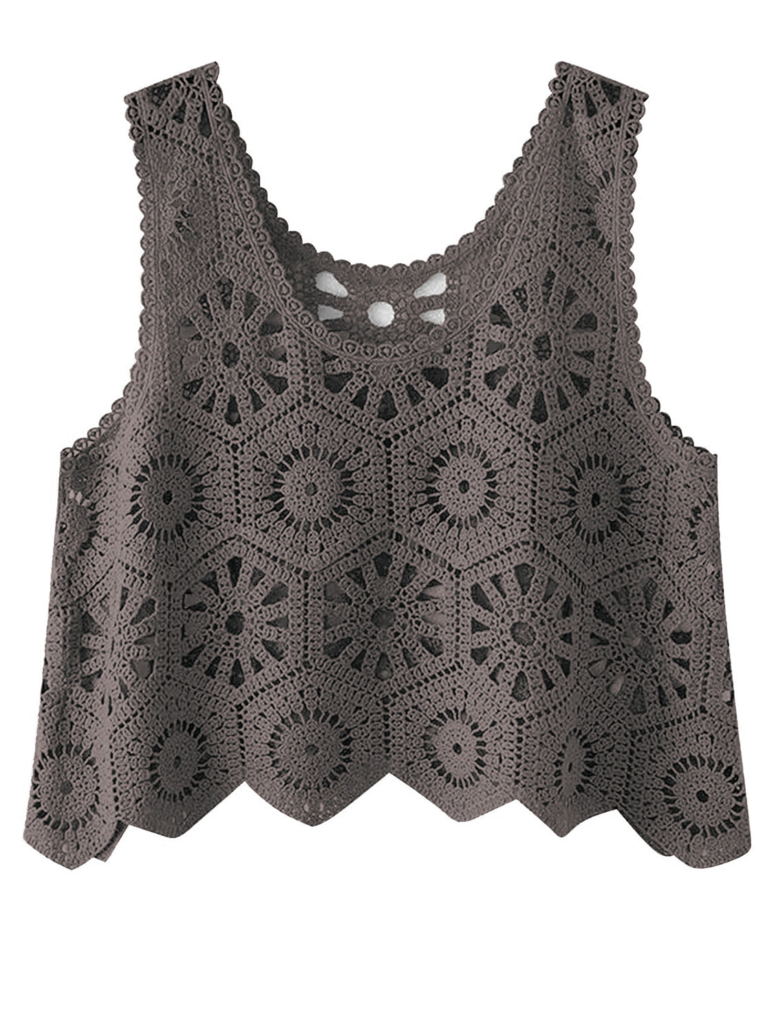 Crochet medallion tank top in dark gray acrylic with scalloped hem and neckline