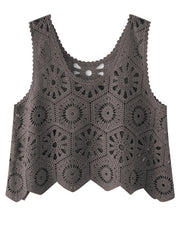 Crochet medallion tank top in dark gray acrylic with scalloped hem and neckline