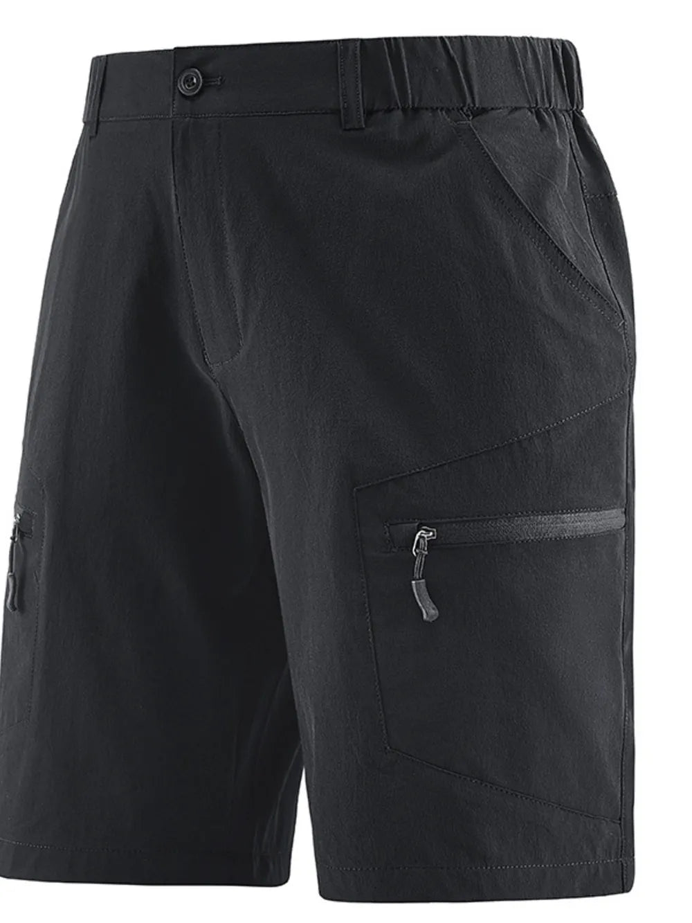 Black quick-dry cargo shorts with zippered pockets and elastic waistband.