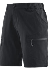 Black quick-dry cargo shorts with zippered pockets and elastic waistband.