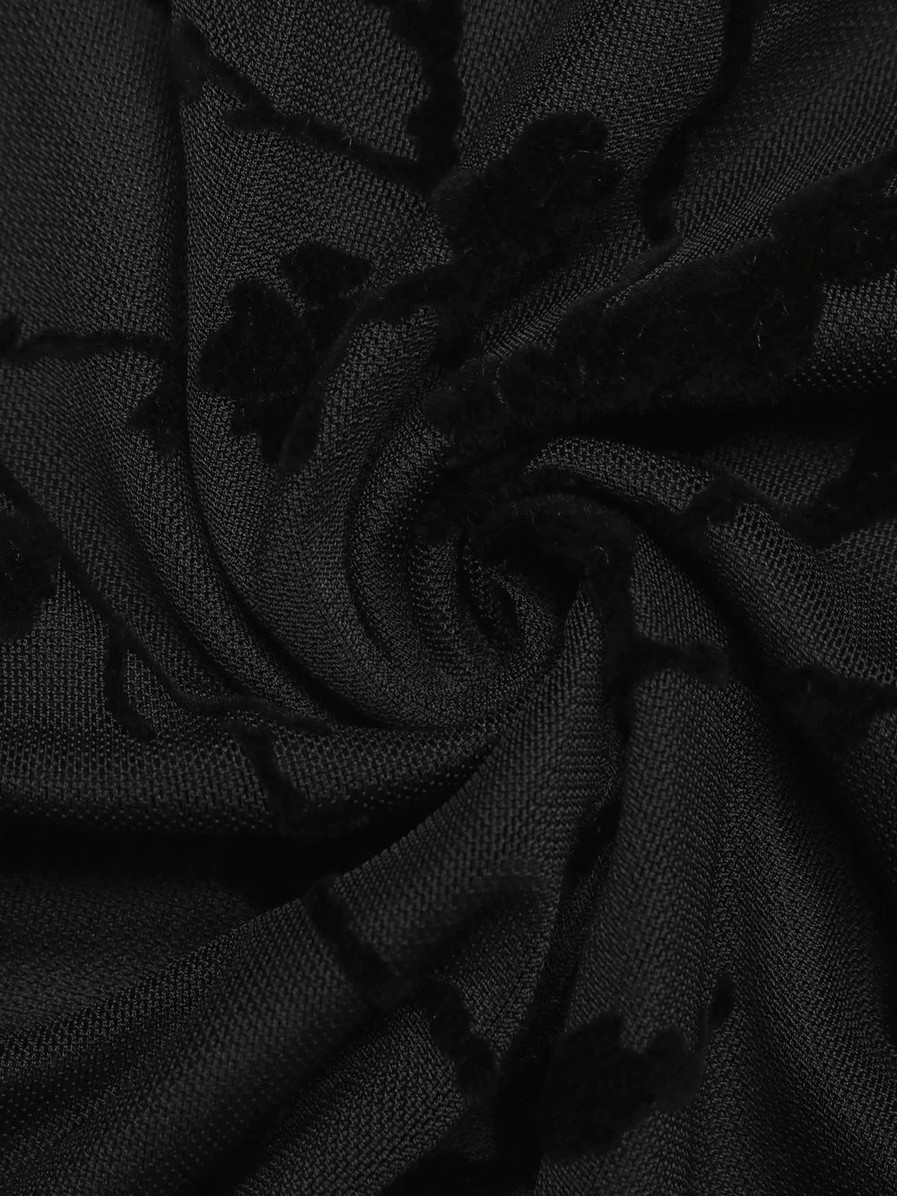 Black maternity t-shirt with velvet floral burnout pattern and mandarin collar detail.