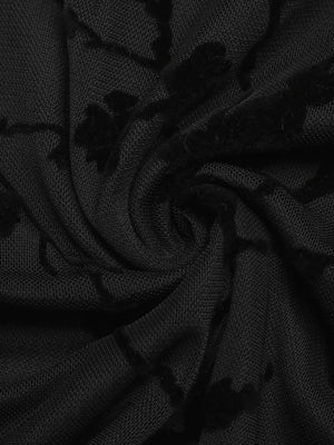 Black maternity t-shirt with velvet floral burnout pattern and mandarin collar detail.