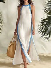 Full Size Slit Striped Sleeveless Maxi Dress in Green, front view