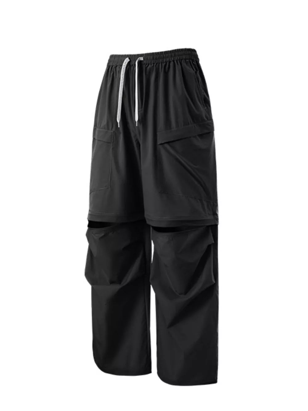 Black cargo pants with adjustable drawstring waist and zip-off legs.