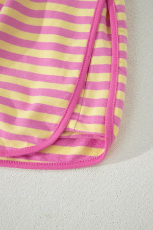 Cotton two-piece set with pink and yellow horizontal stripes and pink trim detail.