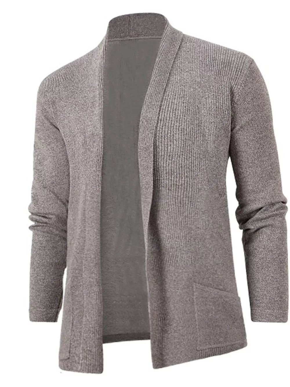 Men's gray open-front ribbed knit cardigan with pockets
