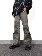 Men's relaxed fit washed flare jeans in grey denim with distressed knee details.