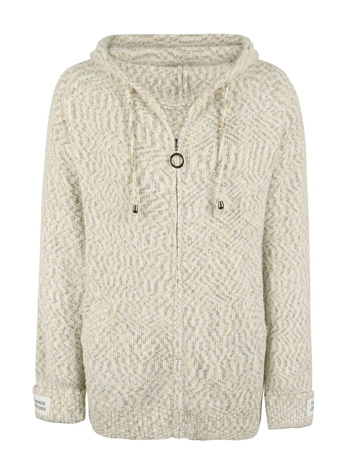 Textured knit zip-up cardigan in white with herringbone pattern, drawstring hood, and logo detail on sleeve cuff.