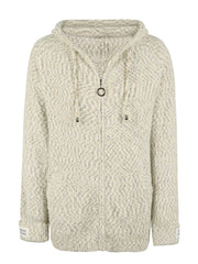 Textured knit zip-up cardigan in white with herringbone pattern, drawstring hood, and logo detail on sleeve cuff.