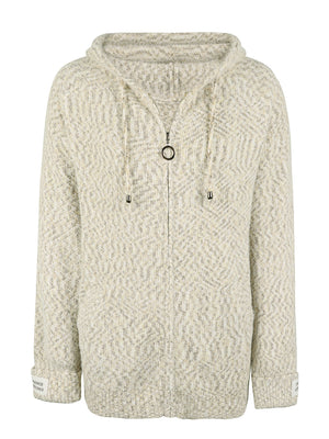 Textured knit zip-up cardigan in white with herringbone pattern, drawstring hood, and logo detail on sleeve cuff.