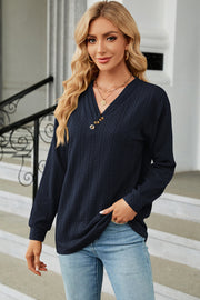 Dark Blue textured cable-knit henley pullover with button detail and v-neck