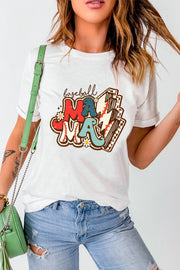 White graphic tee with baseball mama text and baseball graphics