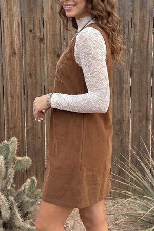 Geometric Embroidery Sleeveless Corduroy Shift Dress in Brown, model styling view