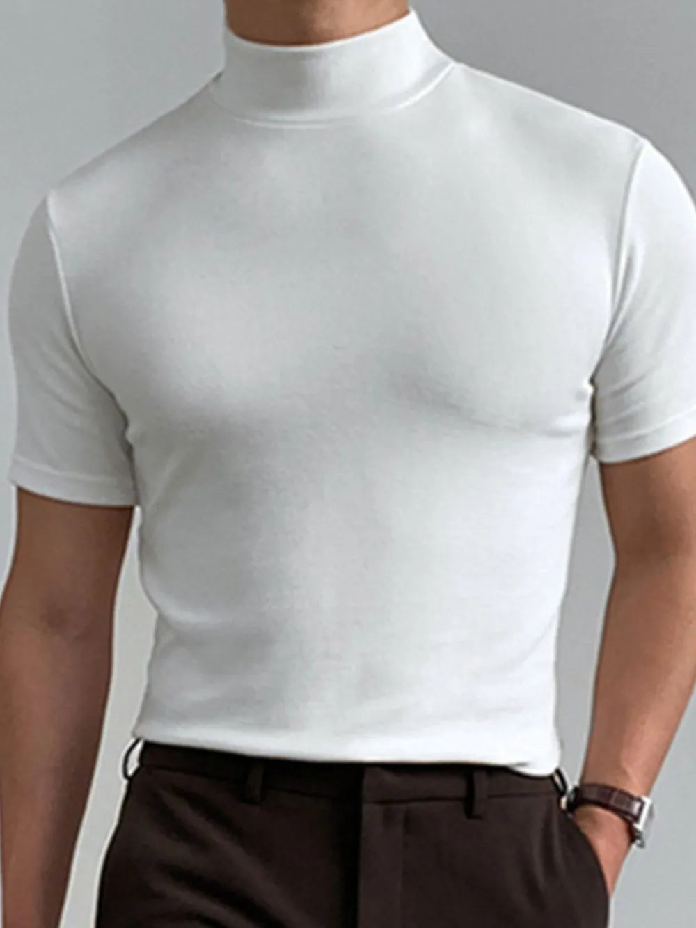 White short sleeve mock neck tee with a fitted silhouette.