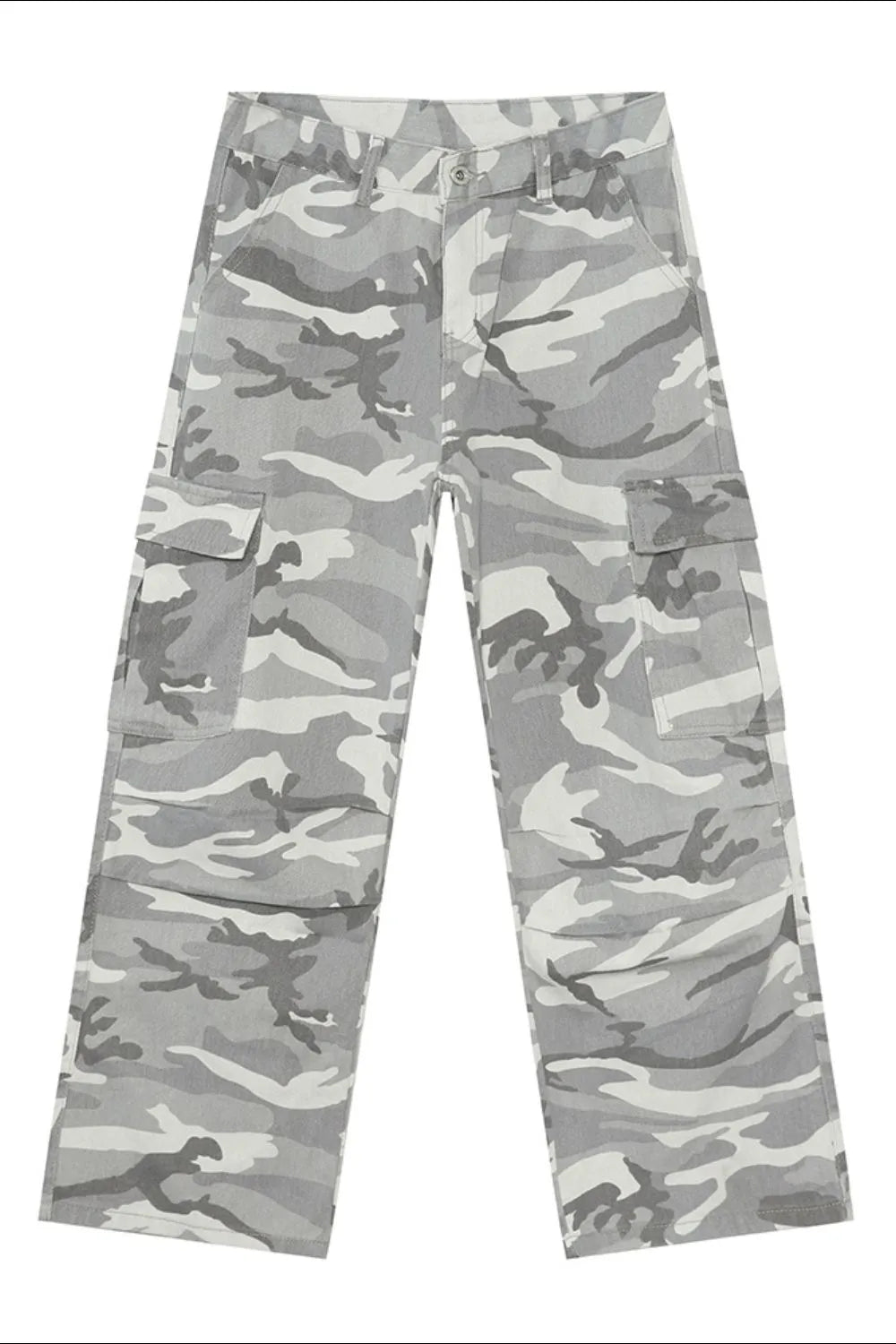 Gray camouflage cargo pants with multiple pockets