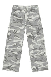 Gray camouflage cargo pants with multiple pockets